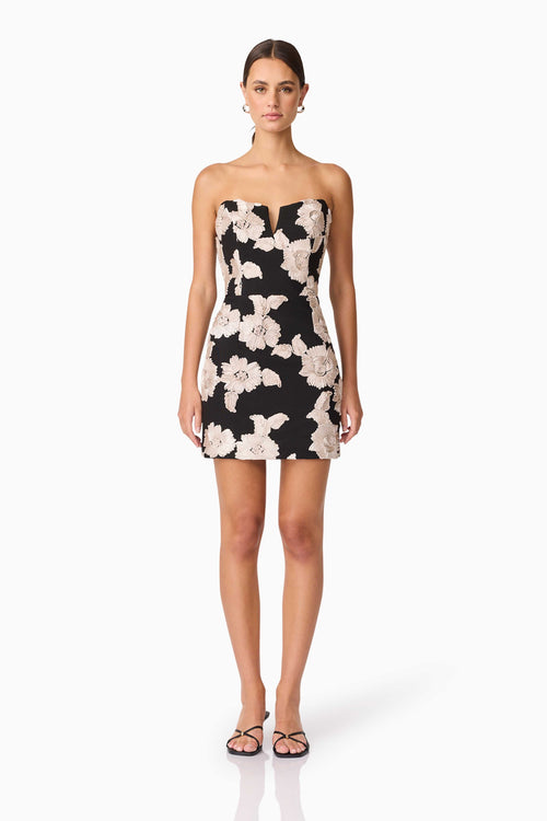 Margaux Strapless Mini Dress in Black & Gold Floral
