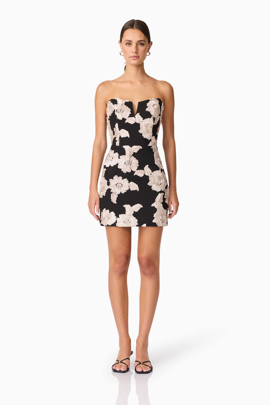 Margaux Strapless Mini Dress in Black & Gold Floral
