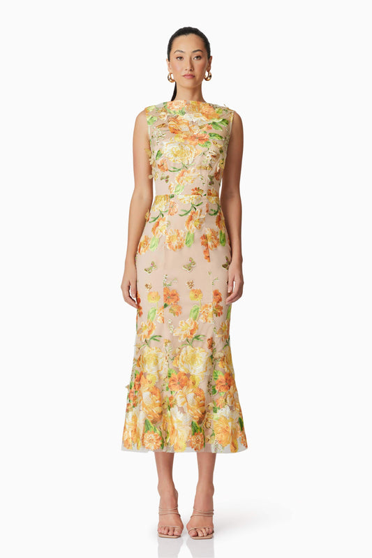 Aella Butterfly Midi Dress in Yellow
