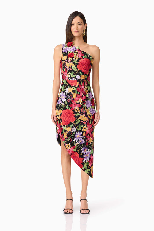 Talia Asymmetrical Midi Dress in Black Floral