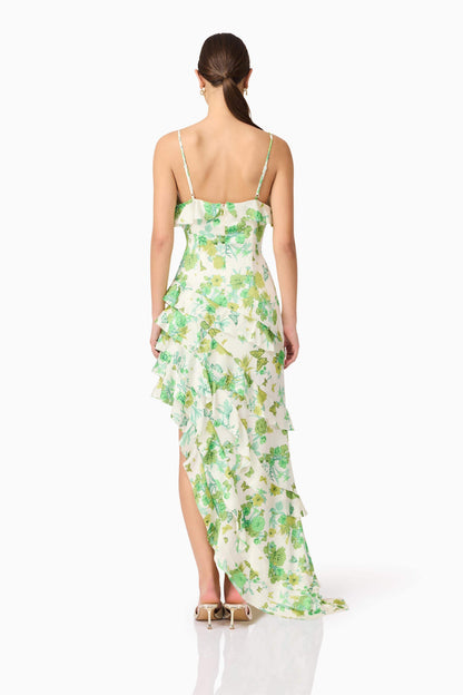 Tess Floral Asymmetrical Maxi Dress in Green