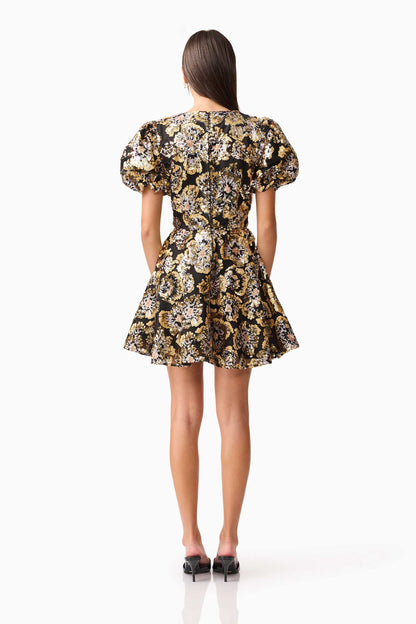 Celeste Puff Sleeve Mini Dress in Black and Gold