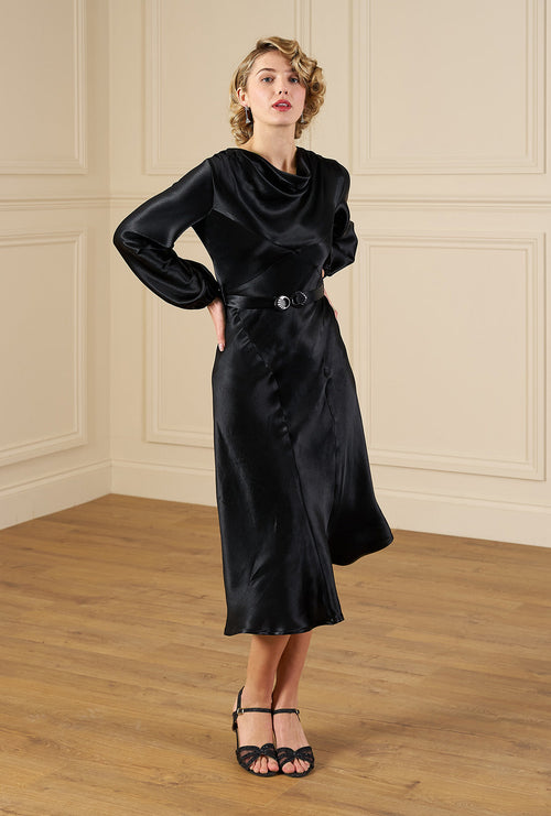 1930s Joanie Bias Cut Dress - Ebony Satin