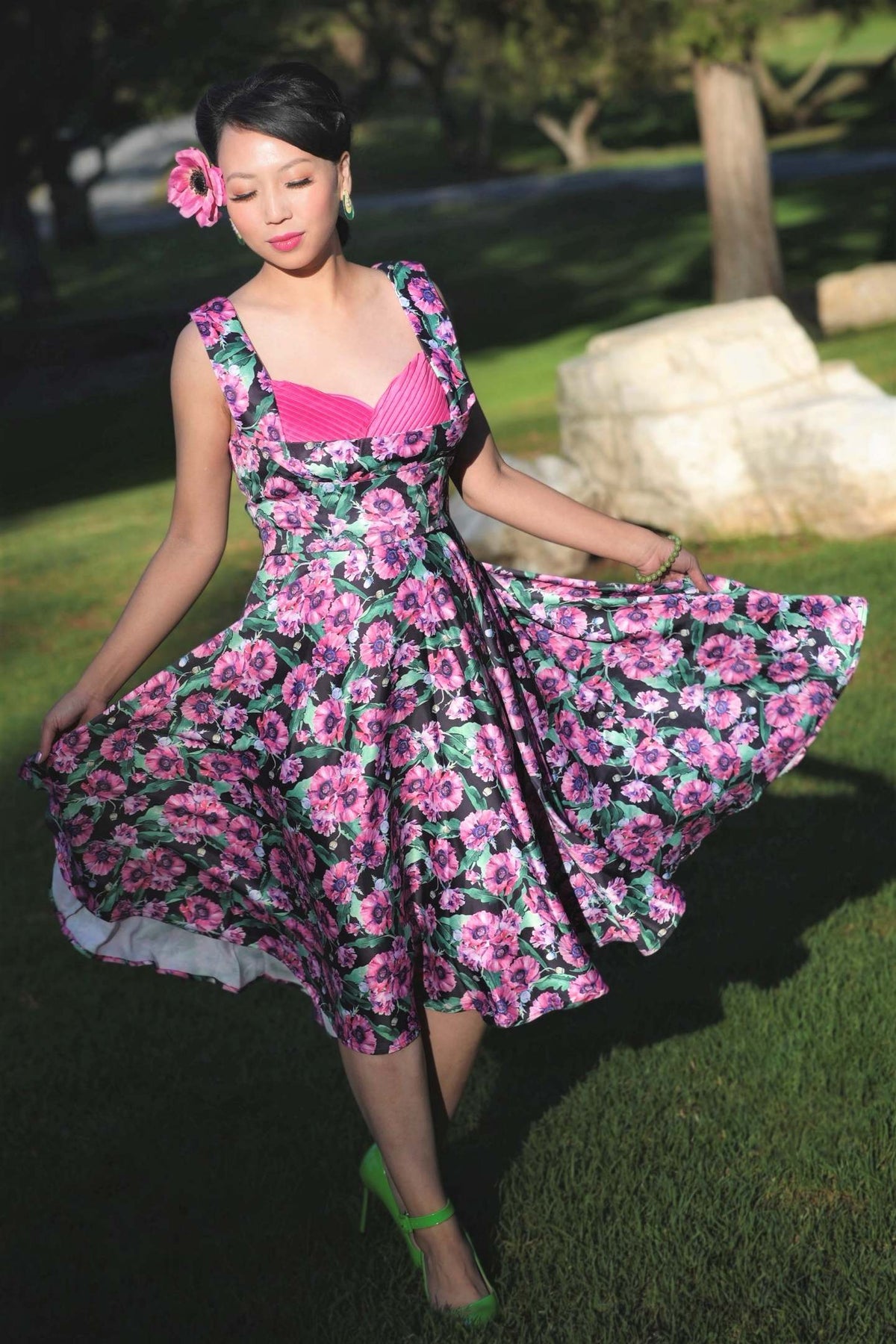 Grace Purple Poppy Pleated Bust Dress