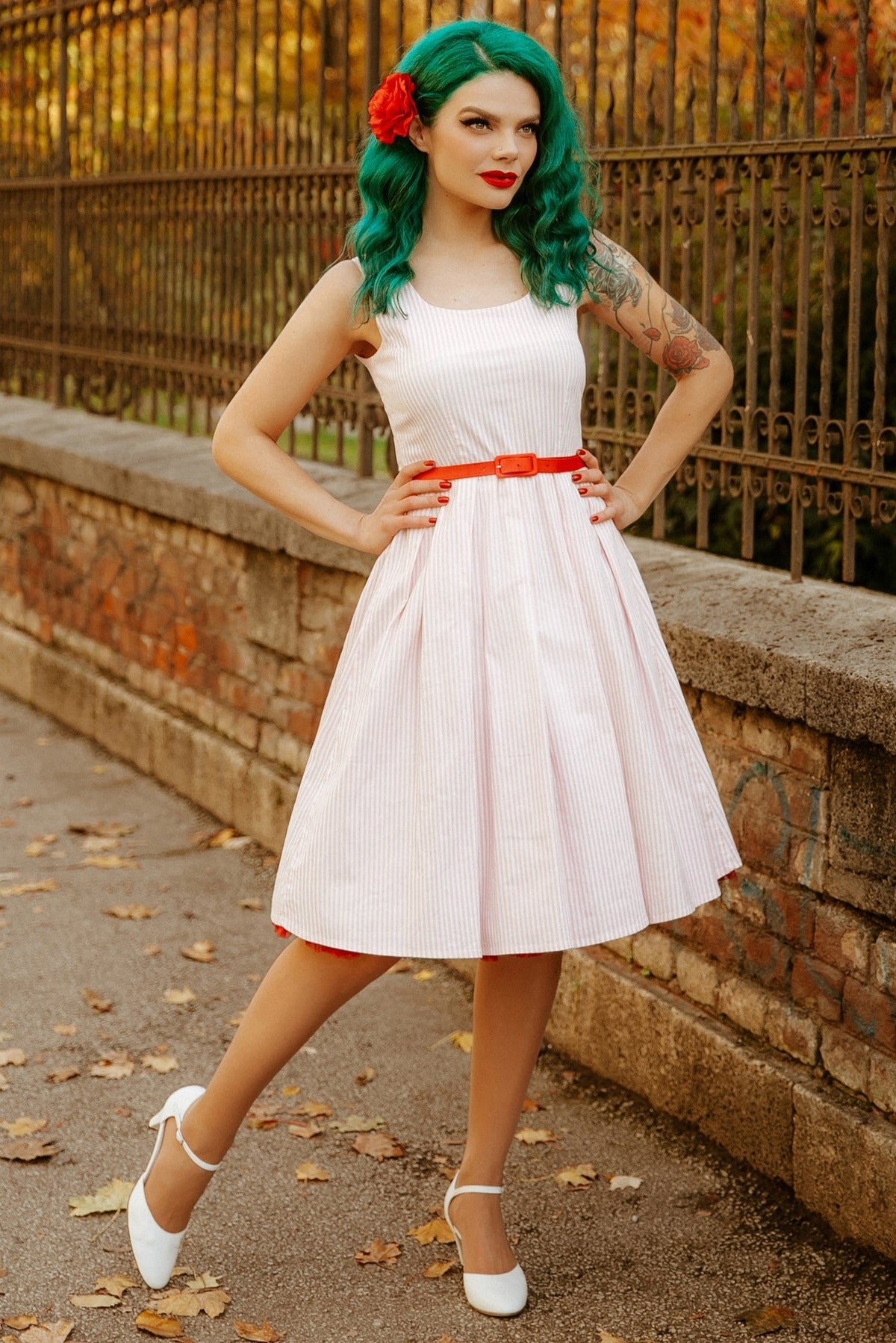Amanda Pink Pin Striped Swing Dress