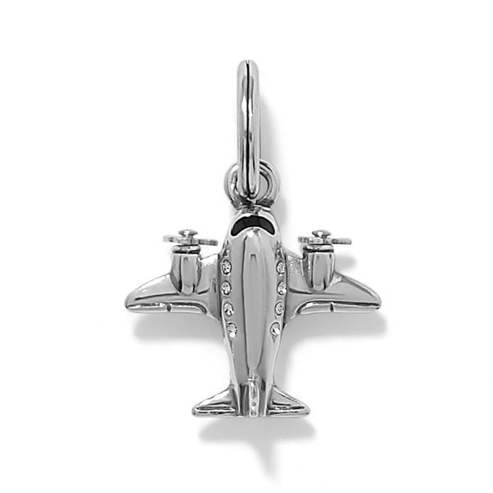 Brighton airplane charm with silver-plated finish, crystal accents, and enamel details on a white background