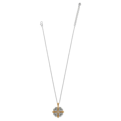 Brighton pendant necklace with two-tone cross design, scrollwork detail, and crystal accent on a white background