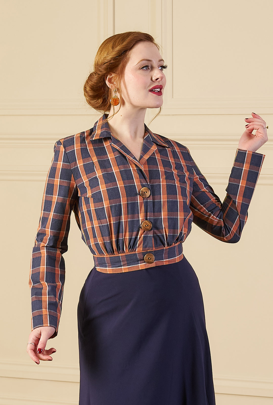 1930s Amelia Blouse - Navy and Orange Plaid