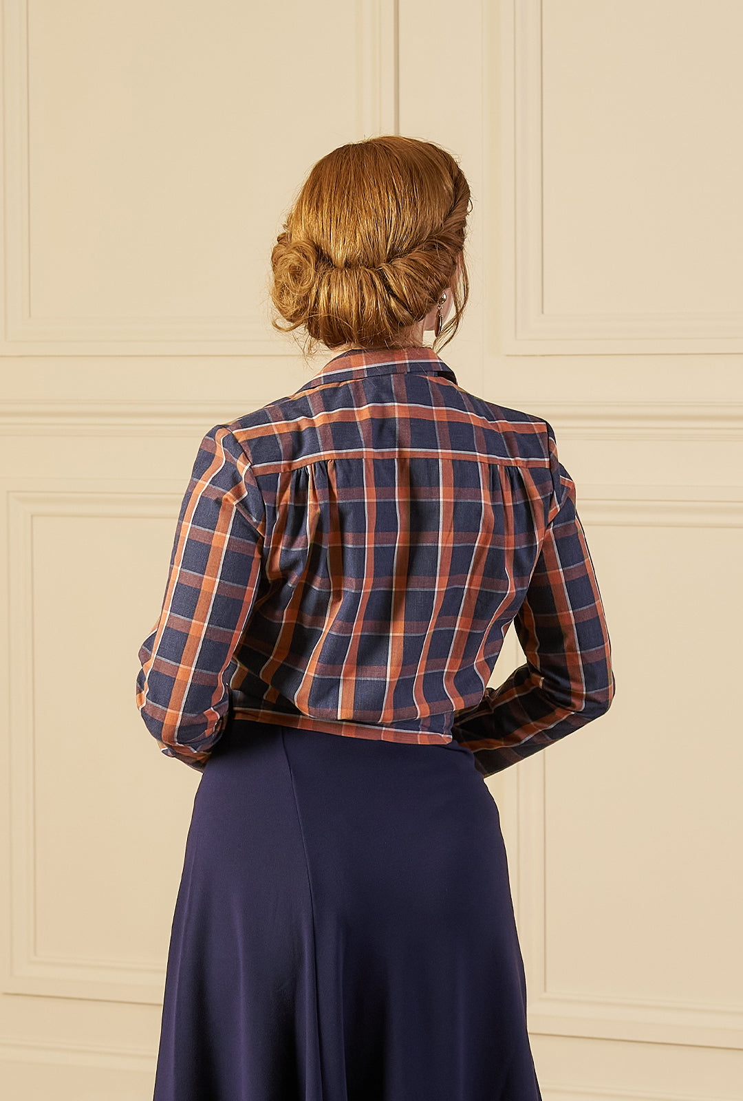 1930s Amelia Blouse - Navy and Orange Plaid