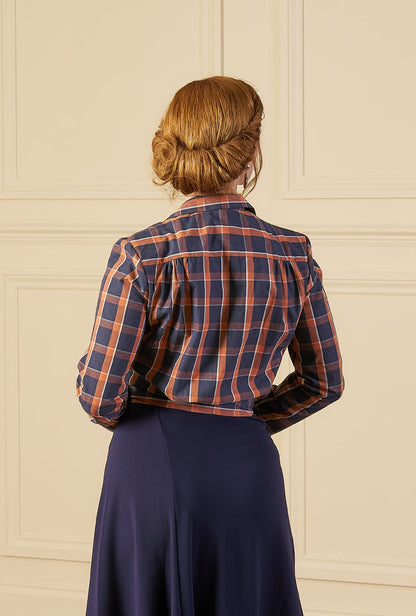 1930s Amelia Blouse - Navy and Orange Plaid