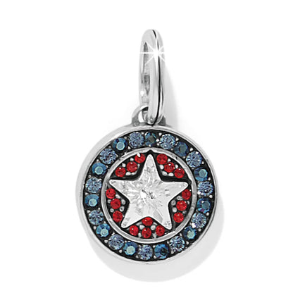 Brighton silver-plated charm with clear crystal star, red crystals, and blue crystal border on a white background