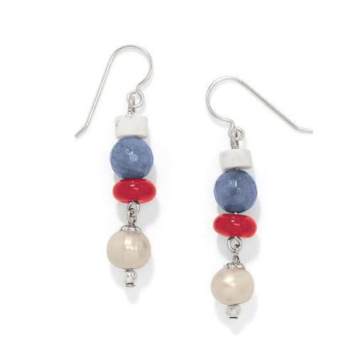 Brighton drop earrings with white, blue, red, and pearl beads on silver-plated hooks on a white background
