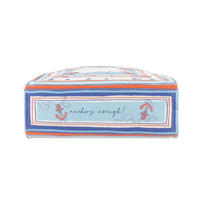 Brighton handbag bottom view with blue and orange nautical stripes, anchor print, and 'anchors aweigh' text on white background
