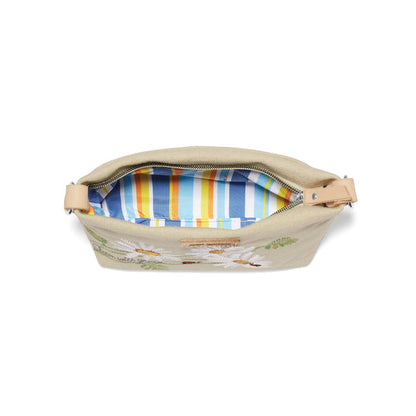 Brighton handbag shown open with floral embroidery, blue and orange striped interior lining, and zipper closure on a white background