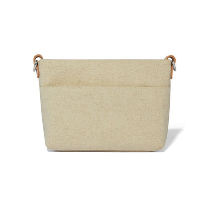 Brighton handbag organizer insert shown from the back in beige canvas with leather loops and silver-tone rings on a white background