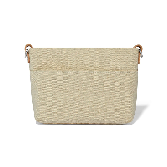 Brighton handbag organizer insert in beige canvas with front pocket and leather strap loops on a white background