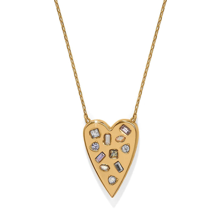 Brighton heart pendant necklace with gold-plated finish and multicolored crystals in assorted shapes on a white background
