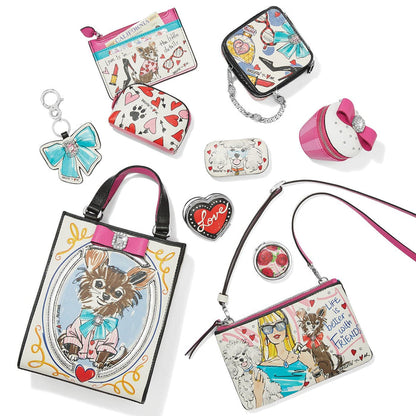 Brighton handbag collection styled with illustrated dog prints, hearts, and coordinating accessories on a white background