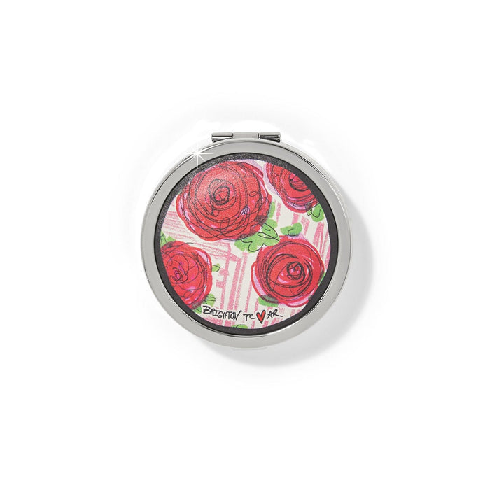 Brighton compact mirror with red rose print and silver-tone round frame on a white background