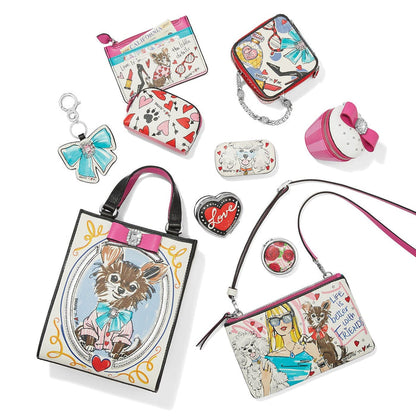 Brighton handbag collection styled with illustrated dog prints, coin pouches, and other accessories on a white background