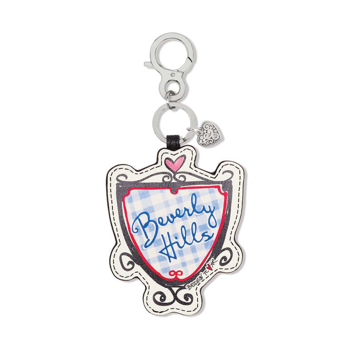 Brighton leather keychain with Beverly Hills shield print, silver-tone clasp, and heart charm on a white background