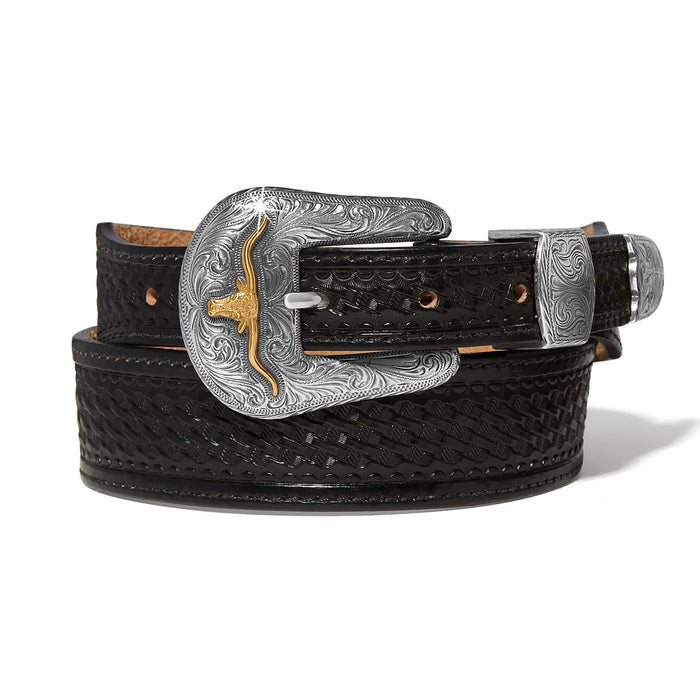 Brighton black leather belt with basketweave tooling and silver-tone engraved buckle featuring gold longhorn on a white background