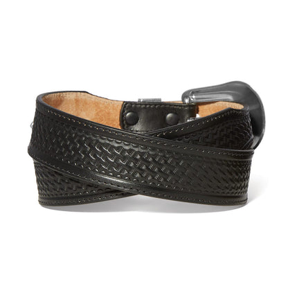 Brighton black leather belt with basketweave embossed pattern and silver-tone buckle, coiled on a white background
