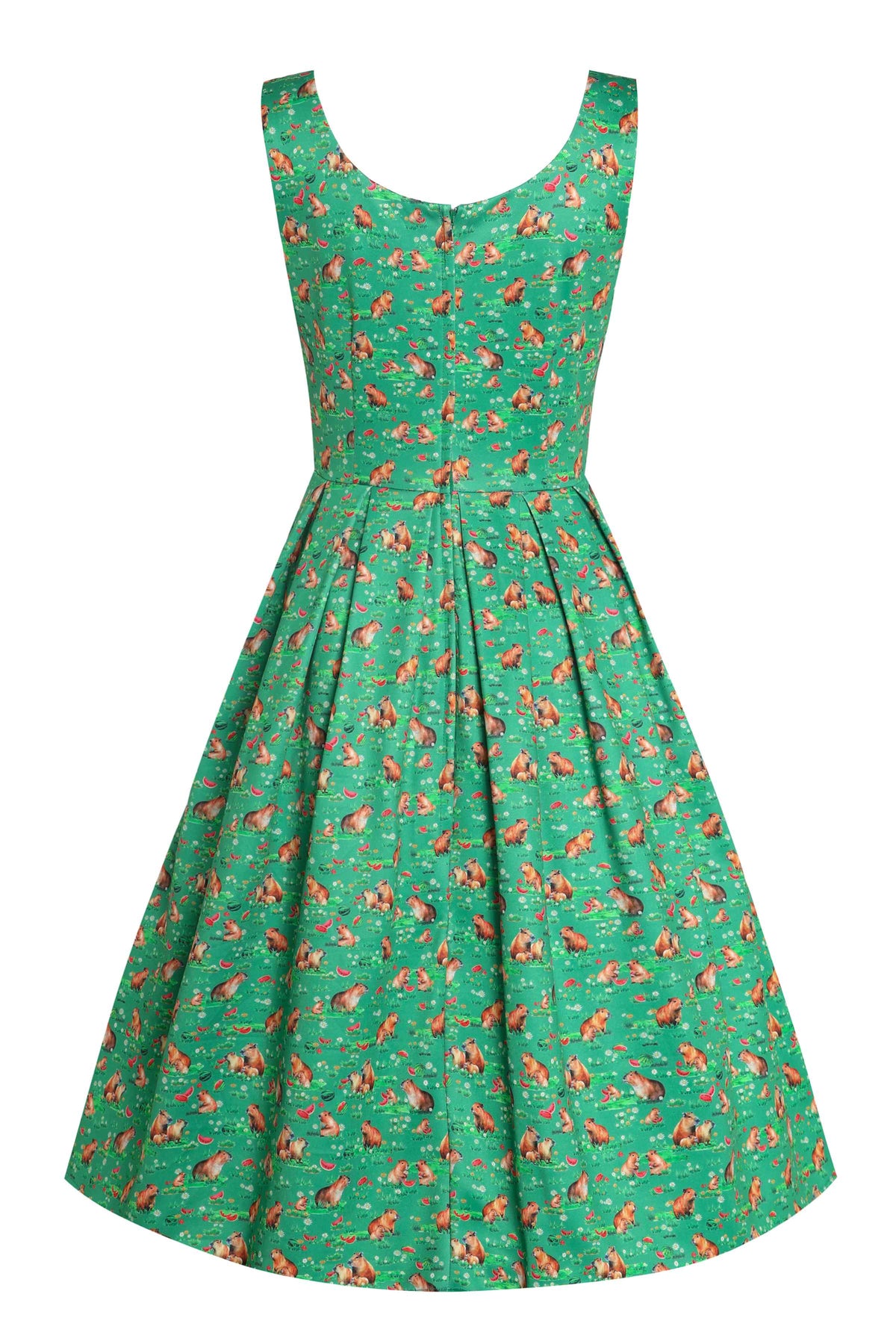 Amanda Green Flared Dress in Capybara Watermelon Print