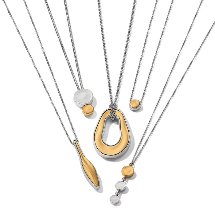 Brighton necklaces in two-tone finish with assorted pendants including teardrop, oval, and disc shapes on a white background