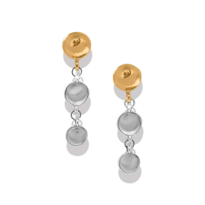 Brighton drop earrings with hammered gold-tone disc studs and dangling silver-tone round discs on a white background