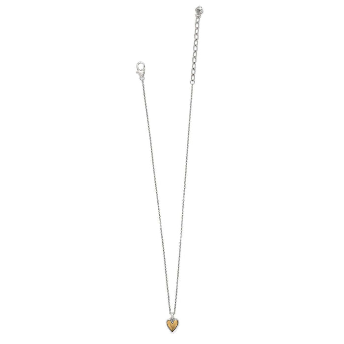 Brighton necklace with two-tone heart pendant, silver-tone chain, and lobster clasp closure on a white background