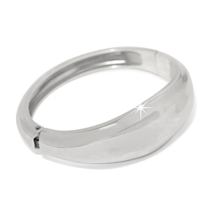 Brighton hinged bangle bracelet with smooth polished silver-plated finish and tapered domed front on a white background