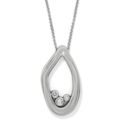Brighton pendant necklace with silver-plated open teardrop shape and three crystal accents on a white background
