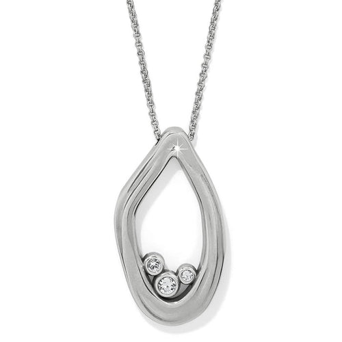 Brighton pendant necklace with silver-plated open teardrop shape and three crystal accents on a white background