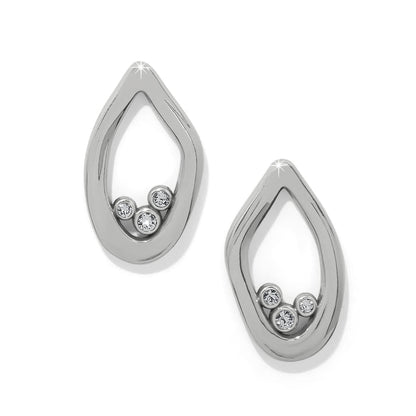 Brighton stud earrings with silver-plated teardrop outlines and clustered crystal accents on a white background