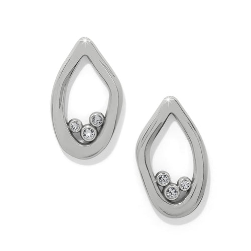 Brighton stud earrings with silver-plated teardrop outlines and clustered crystal accents on a white background