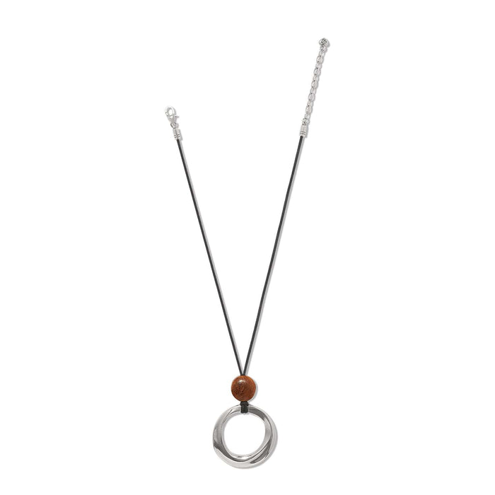 Brighton pendant necklace with silver-plated ring, wood bead, and black nylon cord on a white background