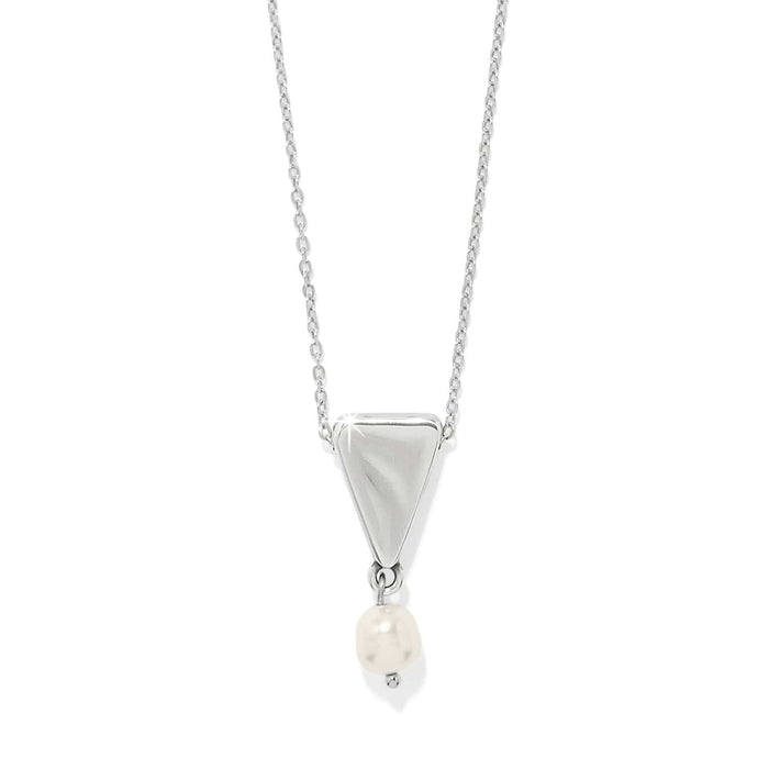 Brighton pendant necklace with silver-plated triangle and barque pearl drop on a delicate chain on a white background