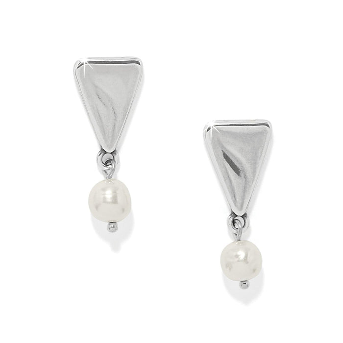 Brighton drop earrings with silver-plated triangular tops and dangling barque pearls on a white background
