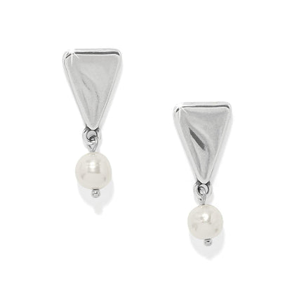 Brighton drop earrings with silver-plated triangular tops and dangling barque pearls on a white background