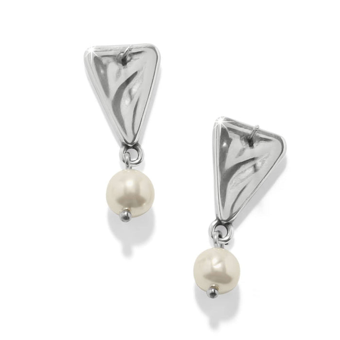 Brighton drop earrings with silver-plated triangular tops and barque pearl dangles on a white background