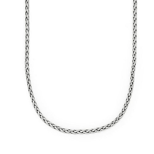 Brighton necklace with silver-plated braided wheat chain and uniform woven links displayed on a white background
