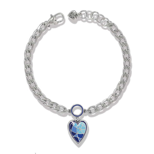Brighton charm bracelet with silver-plated curb chain and blue enamel heart pendant on a white background