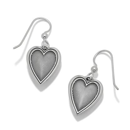 Brighton heart drop earrings with silver-plated finish and ribbed textured heart charms on a white background