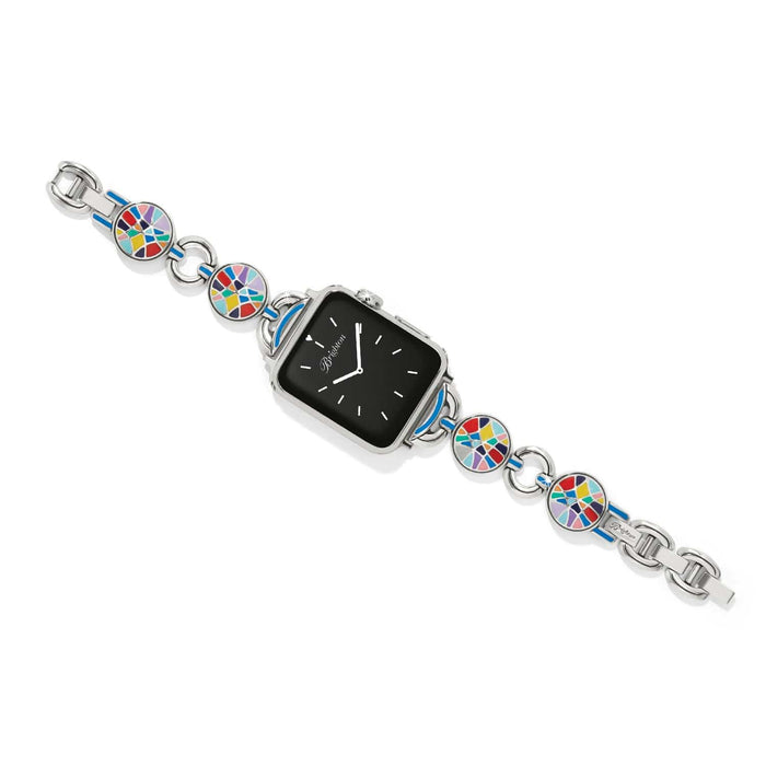 Brighton watch band with silver-plated link chain and colorful mosaic enamel disc accents on a white background
