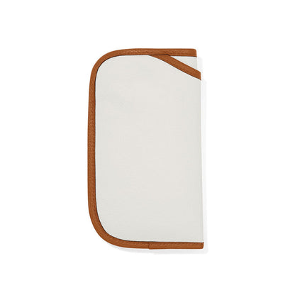 Brighton white pebbled leather glasses case with cognac brown trim and contrasting side opening on a white background