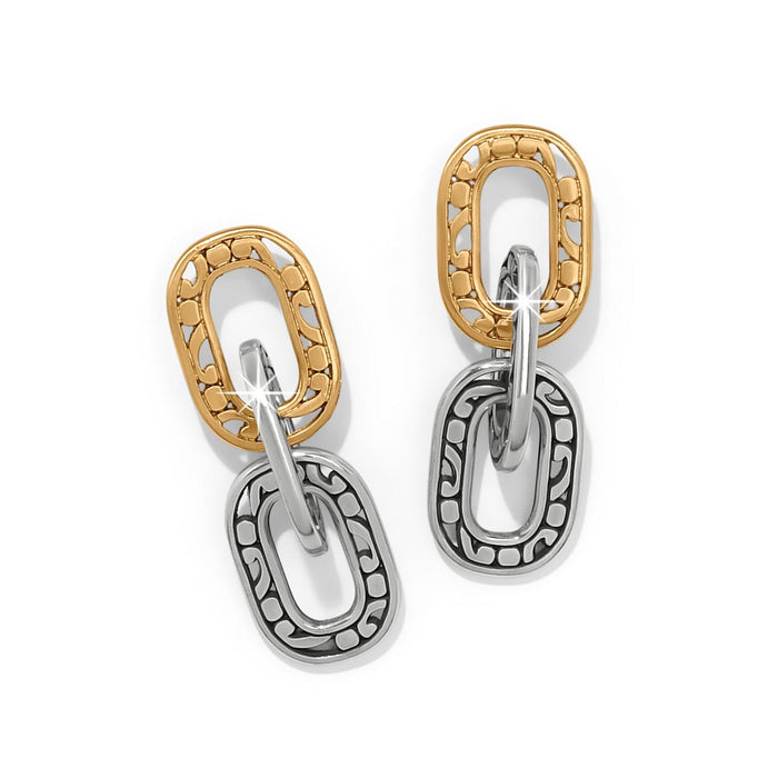 Brighton drop earrings with two-tone gold and silver interlocking oval links with scroll detailing on a white background