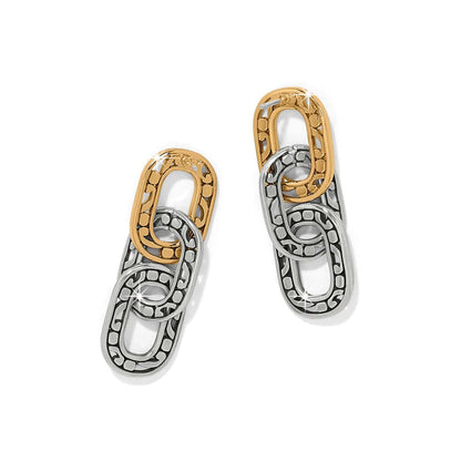 Brighton drop earrings with two-tone silver and gold linked oval chain design with scroll detailing on a white background