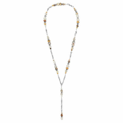 Brighton lariat necklace with cream and tan stone beads and silver-plated chain links on a white background