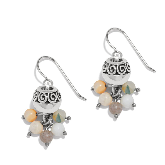 Brighton drop earrings with silver-plated scroll beads and dangling multicolored bead clusters on a white background